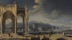 Capriccio of ancient ruins at a Mediterranean port with boats and bystanders