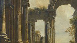 A capriccio of classical Ruins with three men conversing at the steps of a Temple