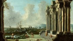 Capriccio with figures among classical ruins and ships beyond