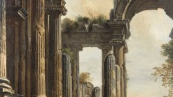 A capriccio of classical ruins with three men conversing